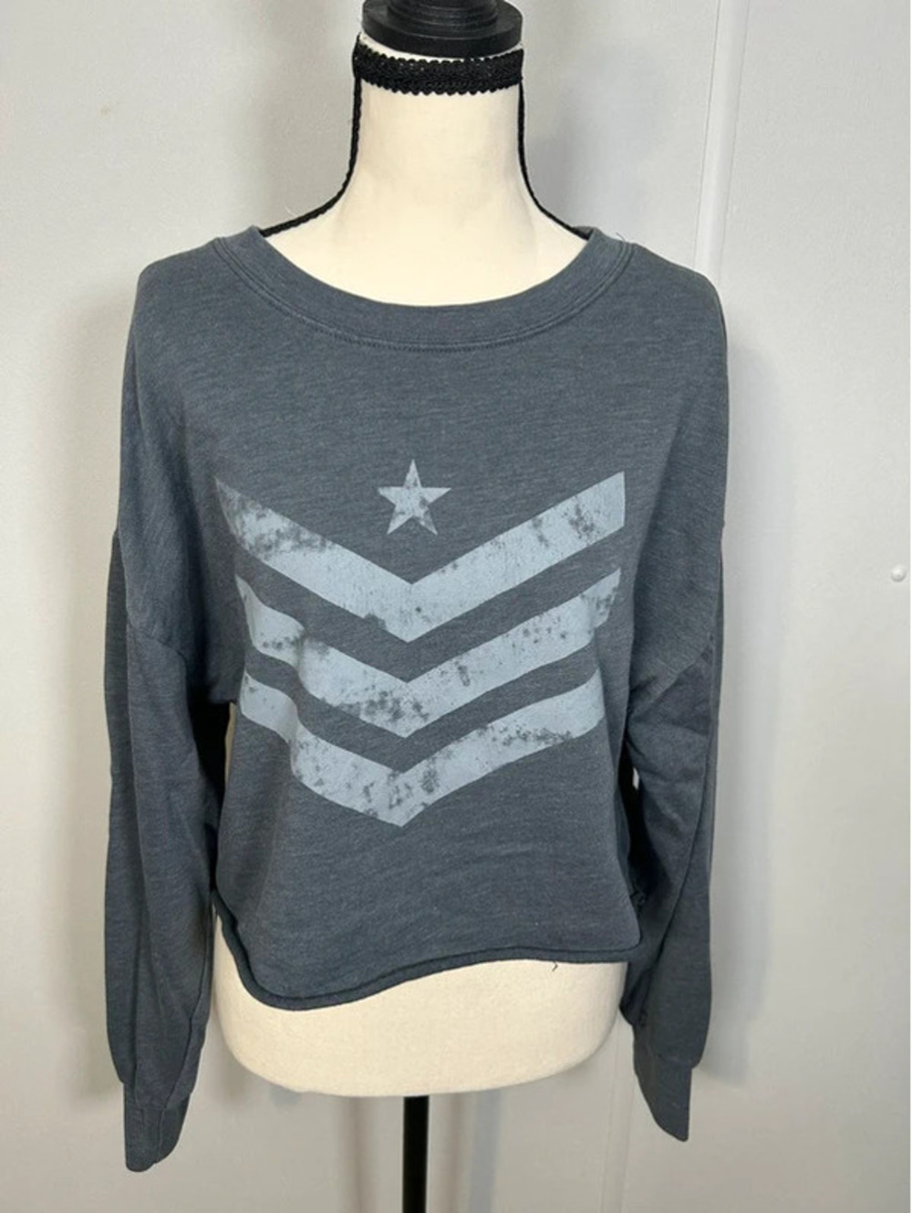 Grayson Threads Gray Cropped Graphic Sweatshirt Star Chevron Long Sleeve S